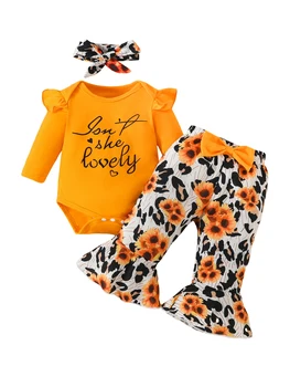 Dieťa Dievča Pád Oblečenie Rozstrapatené List Tlač Dlhý Rukáv Remienky Luk Leopard Kvetinový Obličkového Nohavice, Oblečenie Set 3ks