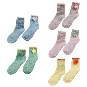 Japonské Ženy v Zime Coral Fuzzy Črievičku Ponožky Sladké 3D Kvetinový Dekor Candy Farby, Hrubé Útulné a Teplé Podlahy