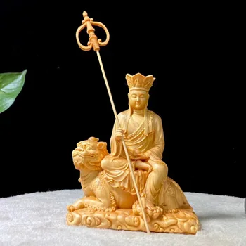 Drevená socha Zemi Obchod Bódhisattva na koni zviera Ručne vyrezávané v pevných drevených Domov, Obývacia Izba, Izba Feng Shui Socha