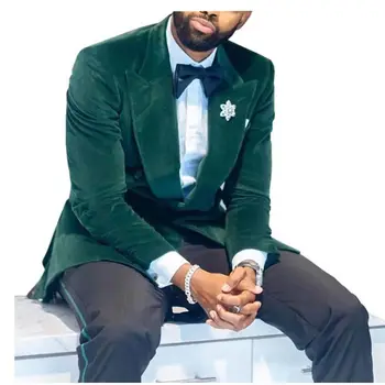 Zimné Mužov Business Zelenej Zamatovej Vyhovuje Slim Sady 2ks(Bunda+Čierne Nohavice)Formálne Mužské Sako Nohavice Svadobné Party Nosiť Oblečenie