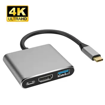 3 v 1 HUB-Typ-c-HDMI kompatibilné s USB 3.0 Dokovacia Stanica Plnenie 4K Adaptér Splitter Pre MacBook Air