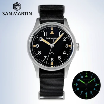 San Martin 36 mm Pilot Sledovať Mužov VH31 Mechaquartz Pohyb Nylon Popruh Muž Náramkové hodinky Usporiadať Druhý Quartz Séria 10 Bar Svetelný