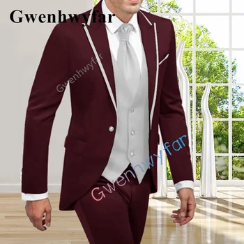 Gwenhwyfar Nové-Príchod-Groomsmen-Vrchol-Klope-Ženích-Tuxedos - Burgunday Farby Mužov-Obleky-Wedding-Best-Človek-Blazer-Bunda-Nohavice
