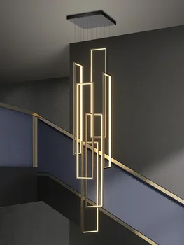 Moderné Svetlo Luxusné Dlhé Schodisko Lustre Tvorivé Gold Black Obdĺžnikový Duplex LED Prívesok Svetlá v Podkroví Obývacia Izba Lampy