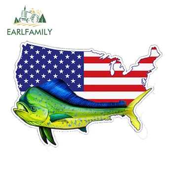 EARLFAMILY 13 cm x 9 cm, Auto Nálepky Mahi Ryby Usa Americká Vlajka Nálepky Auto Truck Pohár Notebook Rybárske Grafické Odtlačkový