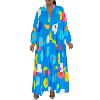 Africké Šaty pre Ženy Elegantné Jar Jeseň Africkej Ženy Dlhý Rukáv V krku Polyester Tlač Maxi Šaty Afrike Oblečenie S-3XL
