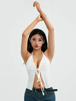 y2k Top Fashion Ženy Farbou Špagety Popruh Sleevleess Otvoriť Predné Košieľka kórejský Estetické Oblečenie, Streetwear
