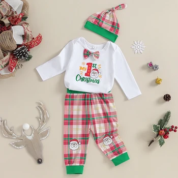 Mesalynch Infant Boys Girls Vianočné Oblečenie 3ks Sada Dlhý Rukáv Santa Claus Veselé Vianoce Jeleň Tlač Romper Dlhé Nohavice