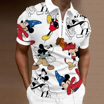 Letné Oblečenie pre Mužov Polo Tričko Ulici Disney Mickey 3D Tlač Bežné Krátky Rukáv T Shirt pánske Klope Zip Polo Tričko