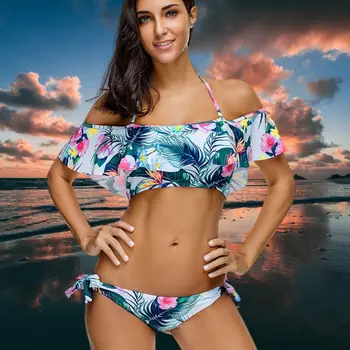 Vysoký Nárast Tropické Listy Bikini 2 Kusy Flounce Ohlávka Plaviek Sexy Nízkym Pásom Motýlik Sladké Leto Plavky