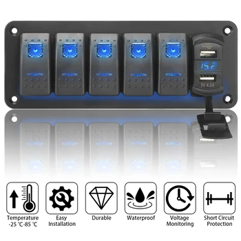 5 Gang Kolískový Spínač Panel Dual USB Port pre Morské Auto Truck 4.2 výstupný Zmes Vodotesný Digitálny Napätie Displej