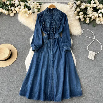 TEELYNN Blue Denim Šaty pre Ženy Župan Vintage Bavlna Kvetinové Výšivky Jeseň Šaty s Dlhým Rukávom O-krku Volánikmi Boho Vestidos