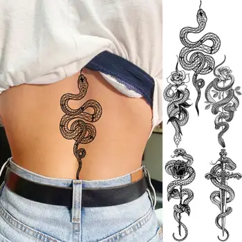 Black Snake Móde Pás Dočasné Tetovanie Pre Ženy Dospelých Mužov Ruže Kvet Serpent Sword Falošné Tetovanie Body Art Umývateľný Tatoos