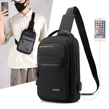 Jednoduché pánske nylon hrudníka taška pánske outdoorové športy, vodotesná crossbody Multi-funkčný USB nabíjanie hrudníka visí taška