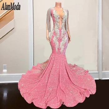 Ružová Morská Víla Šaty Ples Pre Ženy, Luxusné 2023 Úplnej Krku Drahokamu Sequin Party Šaty Formálne Príležitosti Šaty Večerné Nosenie
