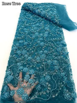 2024 Luxusné Afriky Čipky Textílie 5 Metrov Dubaj 3D Korálkové Tylu Čipky Textílie Vyšívané Kvet Nigérijský Tkaniny Pre Šitie