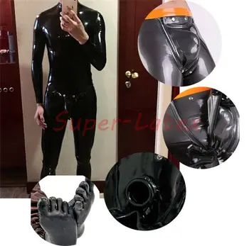 Black mužov latex catsuit s prstami krúžok rozkroku otvor s codpiece č rukavice