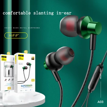 A03 in-ear slúchadlá koleno kovové subwoofer počúvanie slúchadlá drôtové tuning in-line hovor s mikrofónom slúchadlá box set