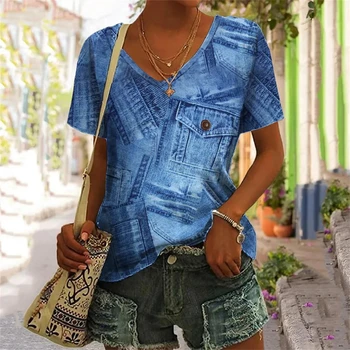 Osviežujúce Letné Oblečenie pre Ženy Retro Štýle Džínsovej Kvetinový Vzor T-Shirt 3d Vytlačené tvaru Športové Bežné Krátke Rukávy Top