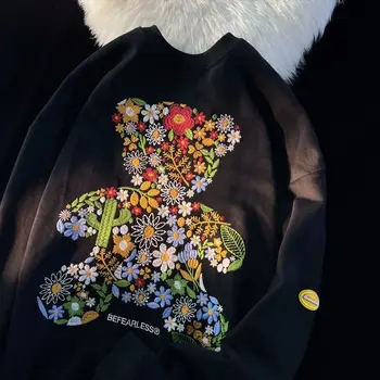 Estetické Kvet Medveď Luxusné Výšivky Mikina Ženy Dámy Kawaii Pulóver s Dlhým Rukávom Y2K Topy kórejský Módne Zimné Topy
