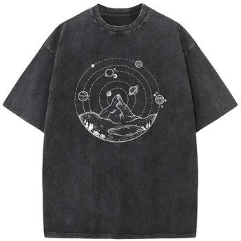 Horský Tlač Unisex Umyté T-Shirt 2023 Novinka 230 g Bavlna Lete Bielené Vtipné Tričko Príležitostné Voľné Bleach Topy Čaj